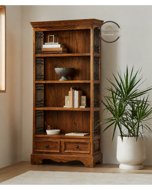 Abbey Solid Sheesham Wood 4-Shelf Bookshelf with Drawers