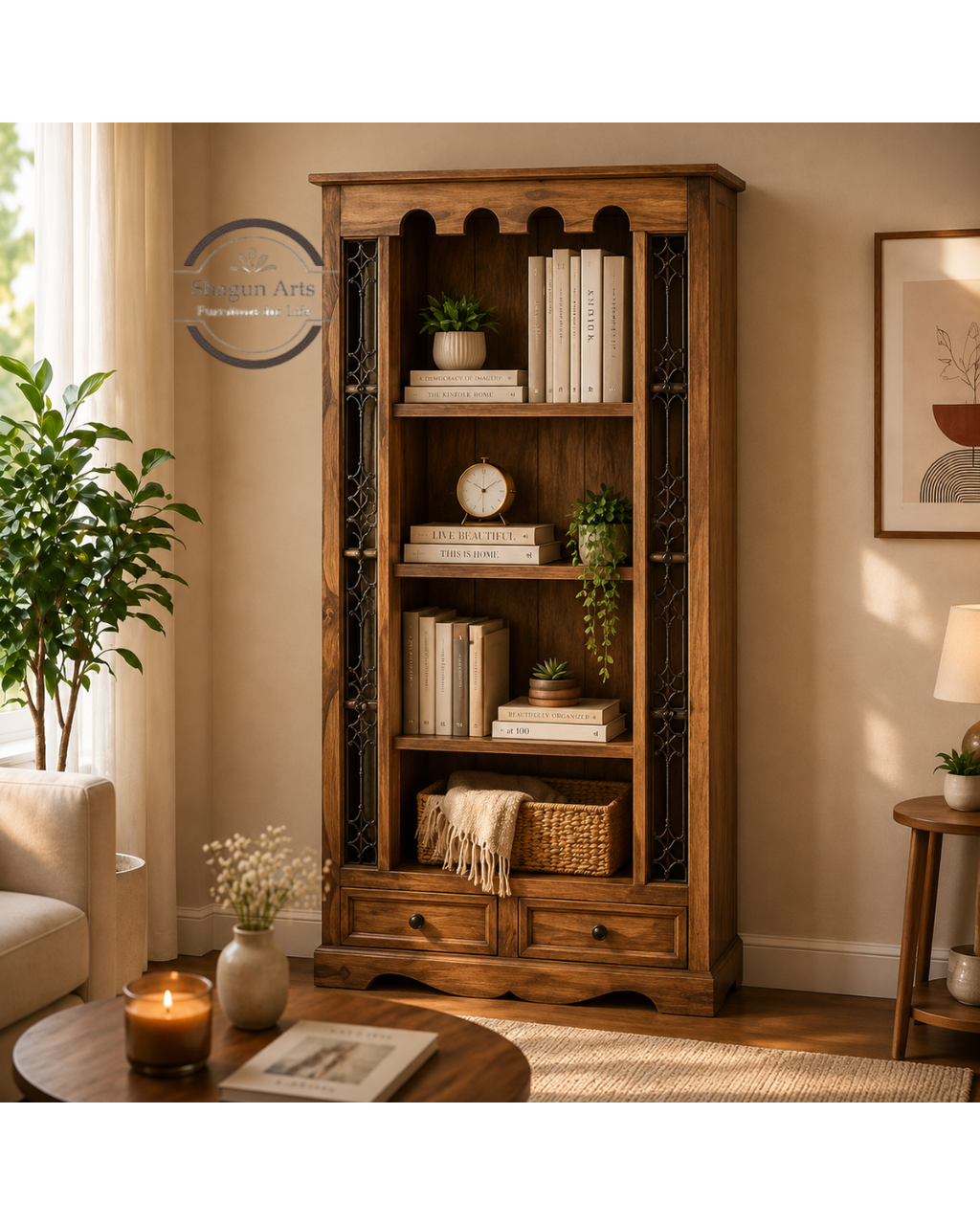 Malava Solid Sheesham Wood Bookshelf with 4 Open Shelves and 2 Drawers In Natural Brown Finish