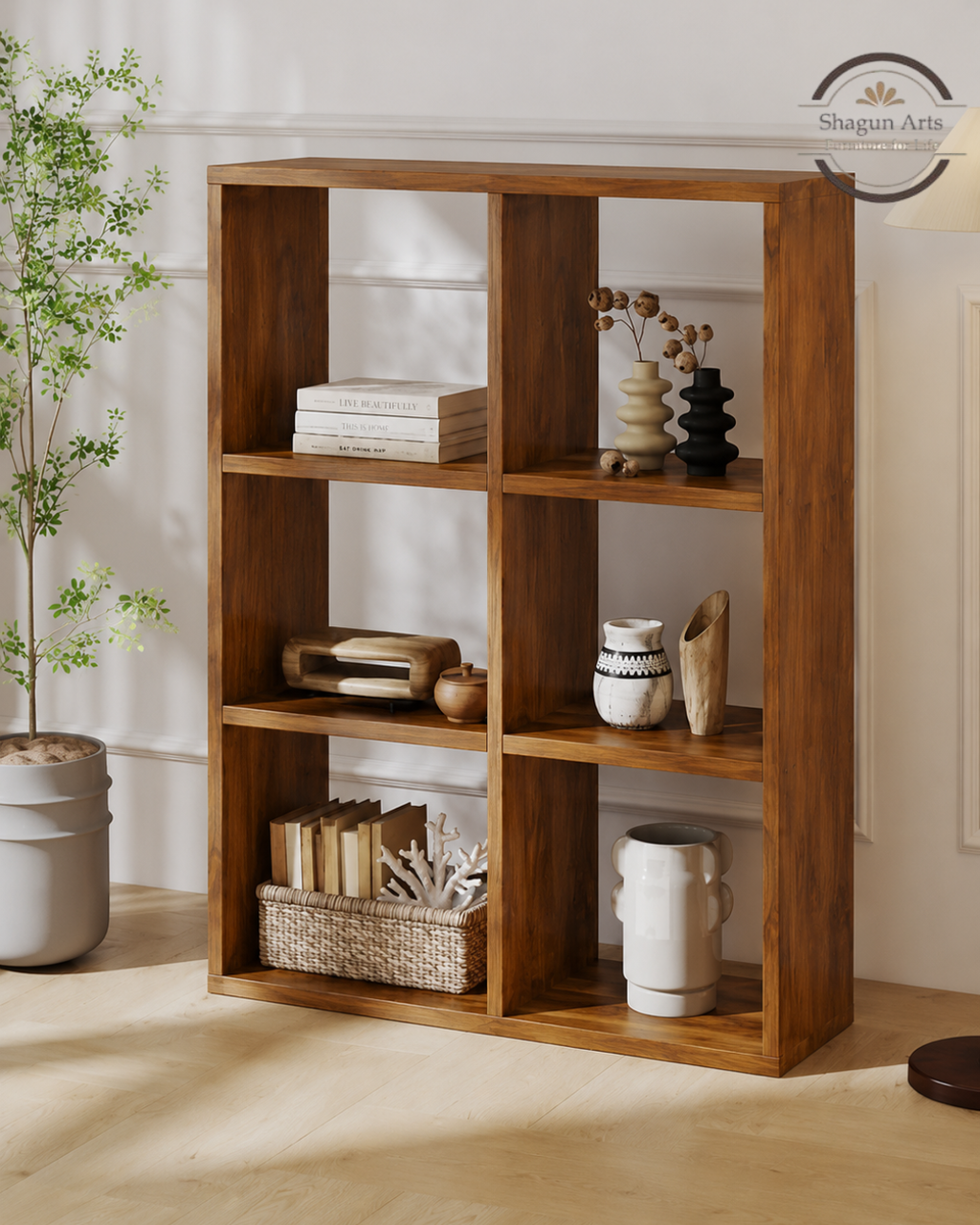 Hayao 6 Cube Solid Sheesham Book Shelf In Natural Brown Finish