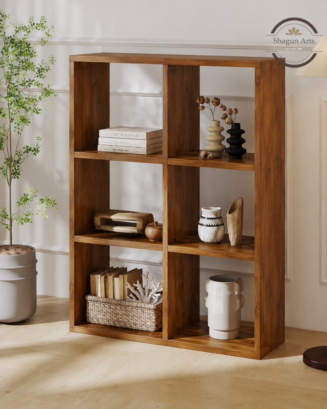 Hayao 6 Cube Solid Sheesham Book Shelf In Natural Brown Finish