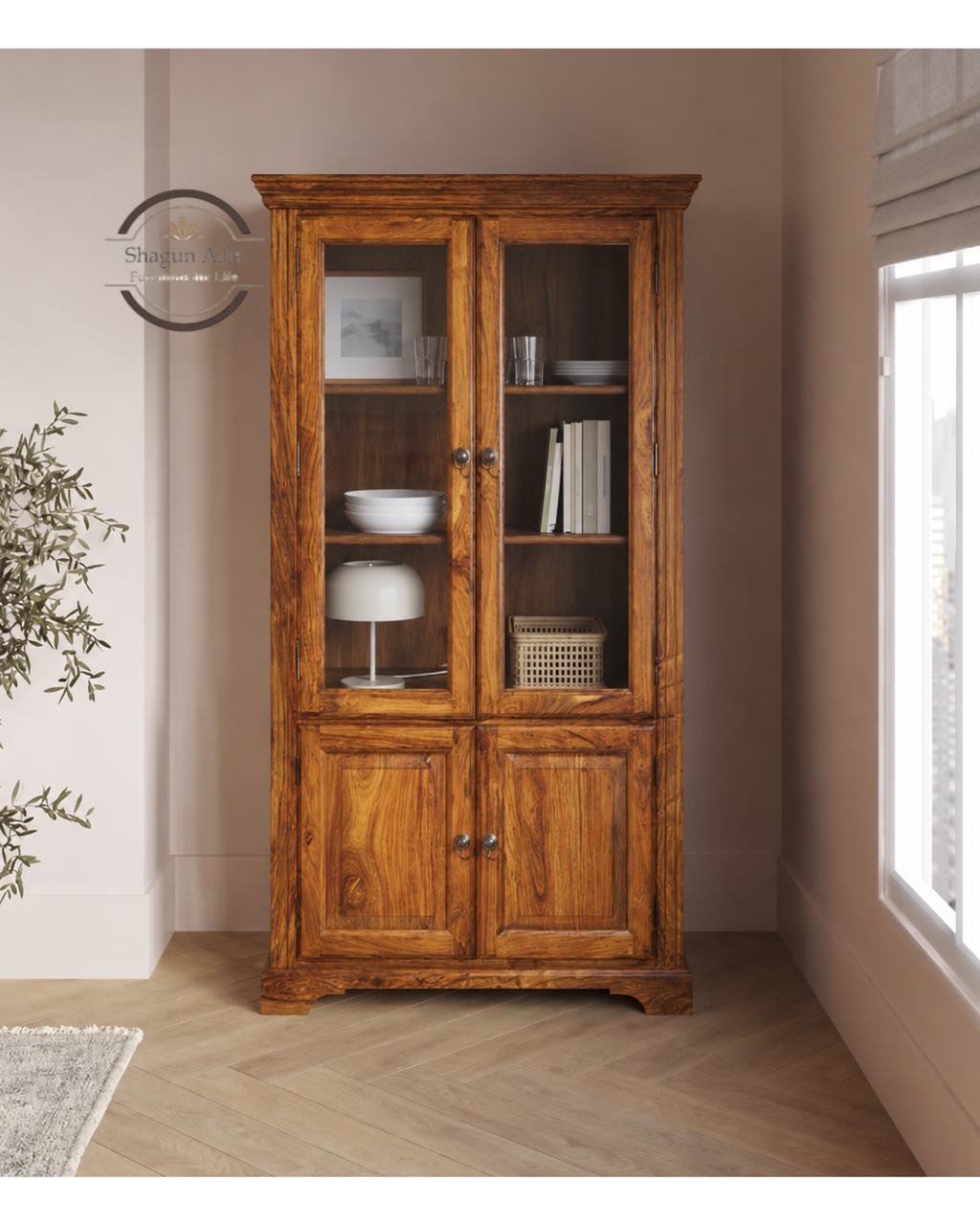 Morse Solid Sheesham Wood 2-Door Book Case in Provincial Teak Finish