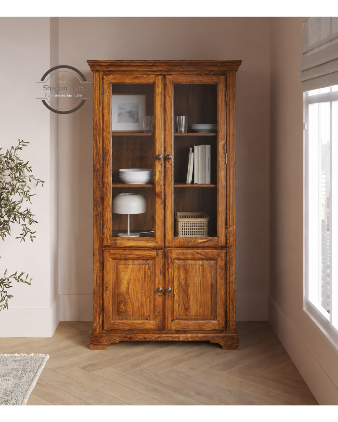 Morse Solid Sheesham Wood 2-Door Book Case in Provincial Teak Finish