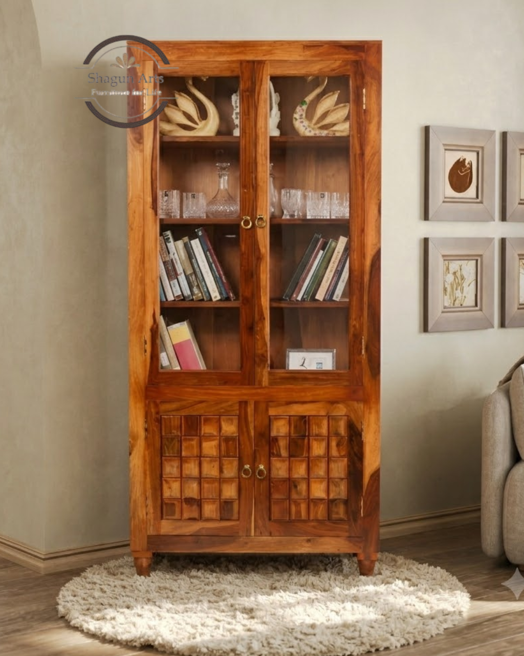 Nyla Solid Sheesham Wood Glass Door Display Cabinet with Storage