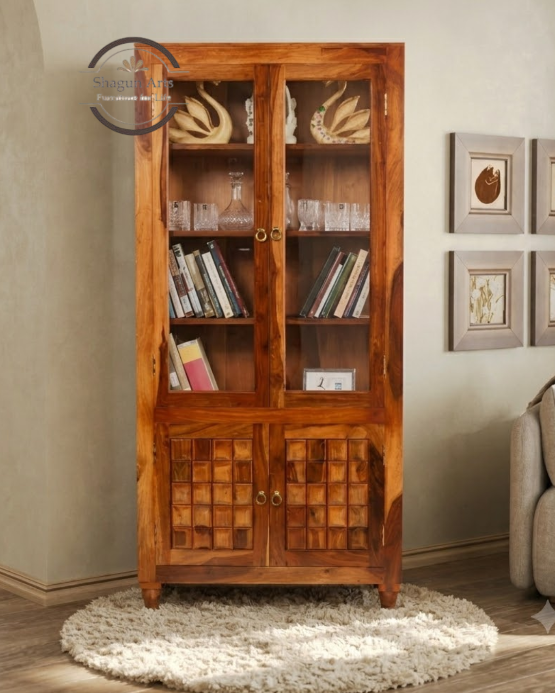 Nyla Solid Sheesham Wood Glass Door Display Cabinet with Storage