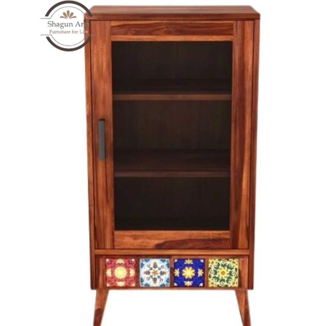 Ansel Solid Sheesham Wood Display Cabinet with Solidd Decorative Tile
