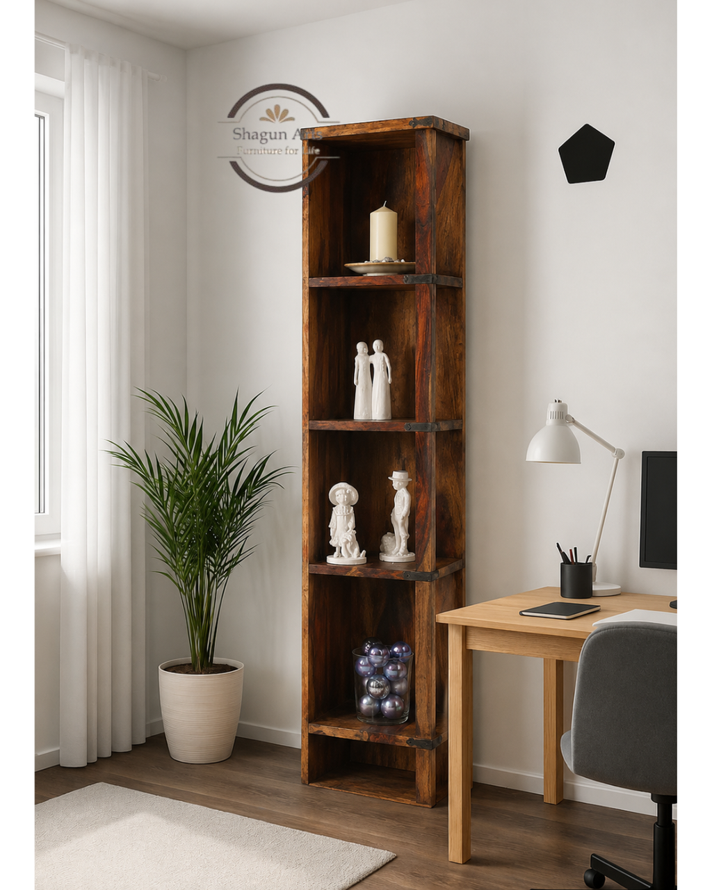 Bahama Solid Sheesham Display Wood 4-Shelf Corner Bookshelf In Honey Oak Finish