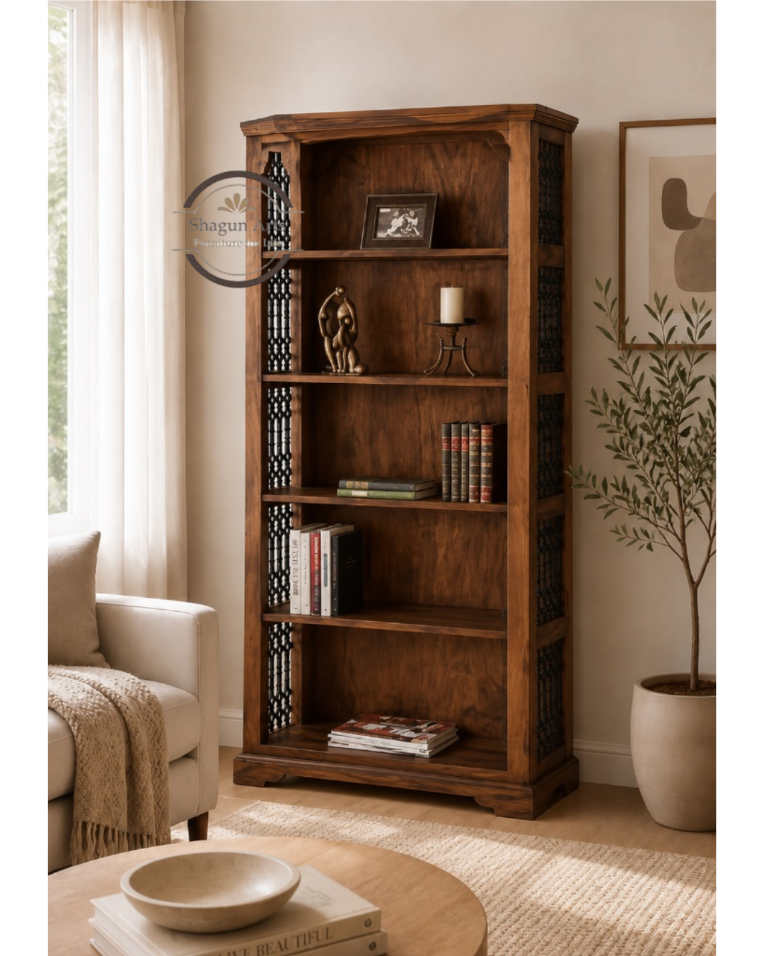 Alvin Solid Sheesham 5-Shelf Bookshelf with Decorative Side Panels In Honey Oak Finish