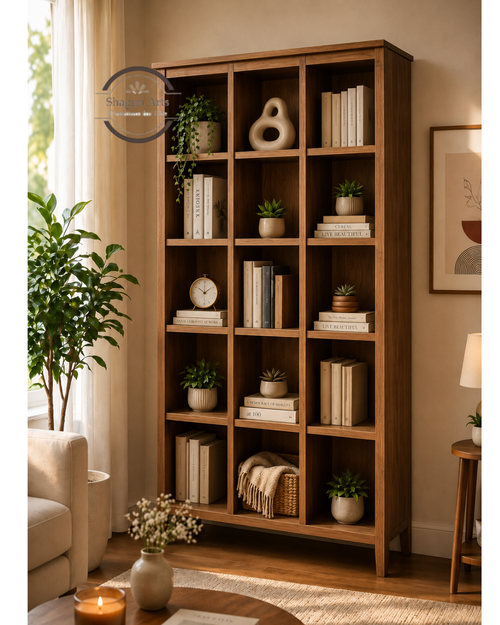 Abbey Solid Sheesham Wood 12-Compartment Open Bookshelf In Natural Brown Finish
