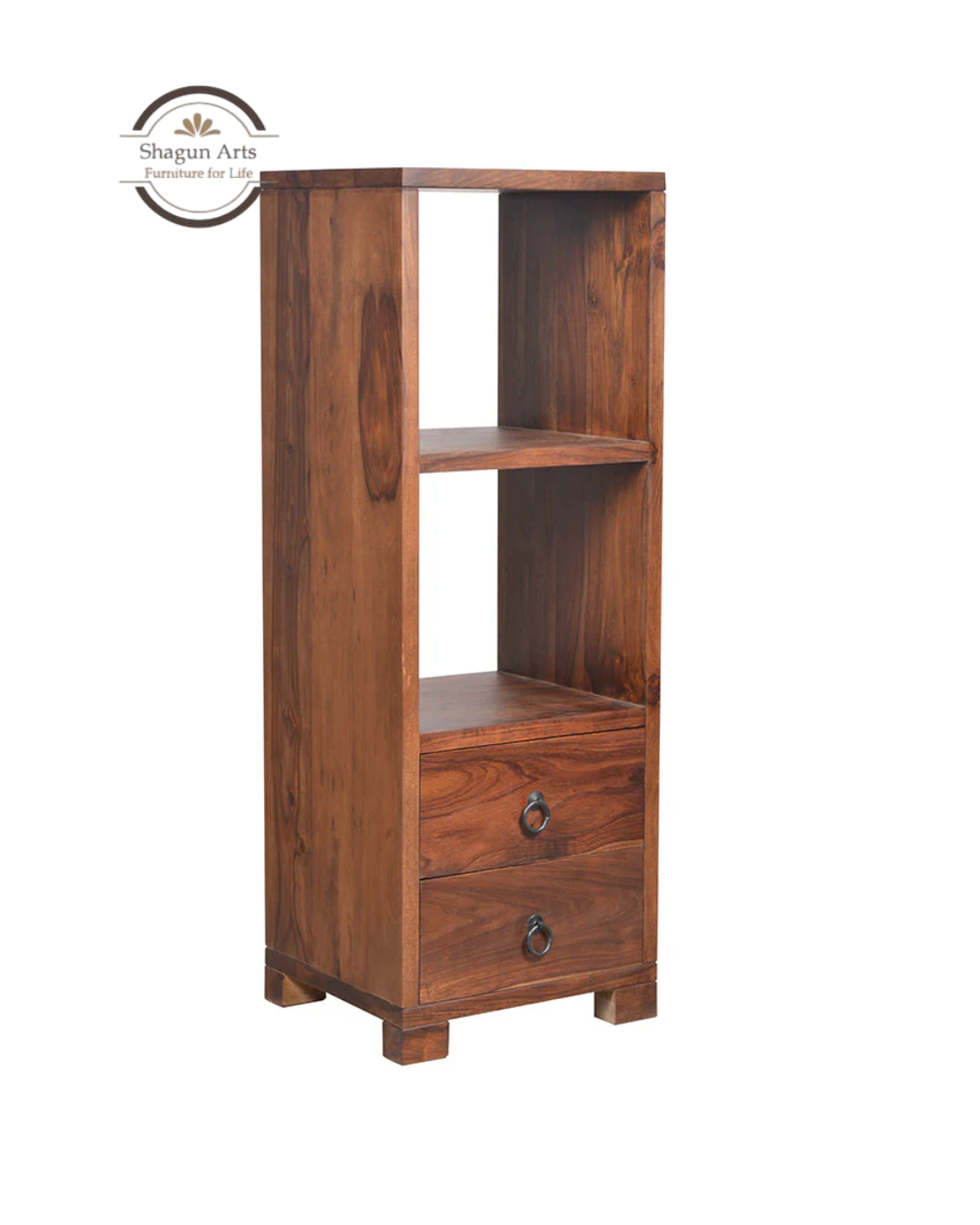 Megumi Solid Sheesham Wood Storage Cabinet with Open Shelves & 2 Drawers In Provencial Teak Finish