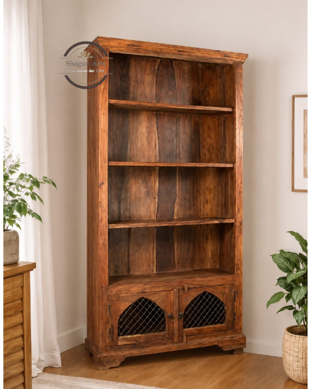 Oriel Solid Sheesham Wood Bookshelf with 2 Storage Cabinets In Natural Brown Finish