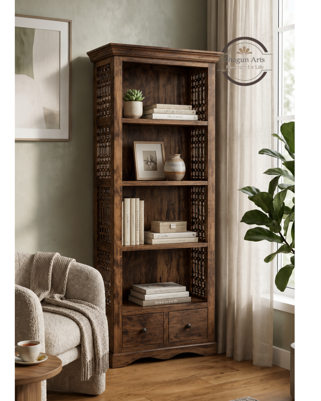 Emerson Solid Wood Bookshelf with 4 Open Shelves and 2 Bottom Drawers In Provencial Teak Finish