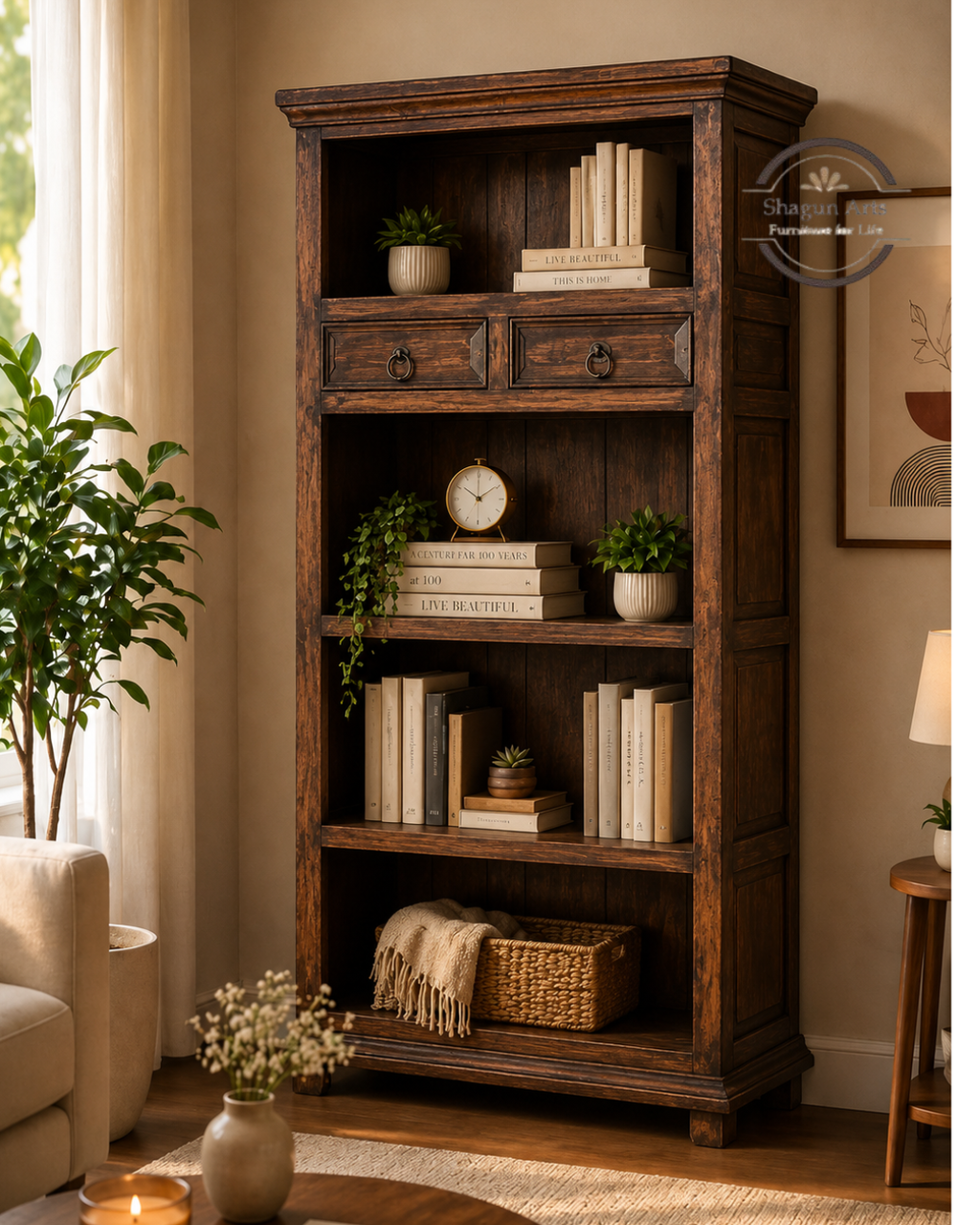 Anne Solid Sheesham Bookshelf with Drawer In Honey Oak Finish