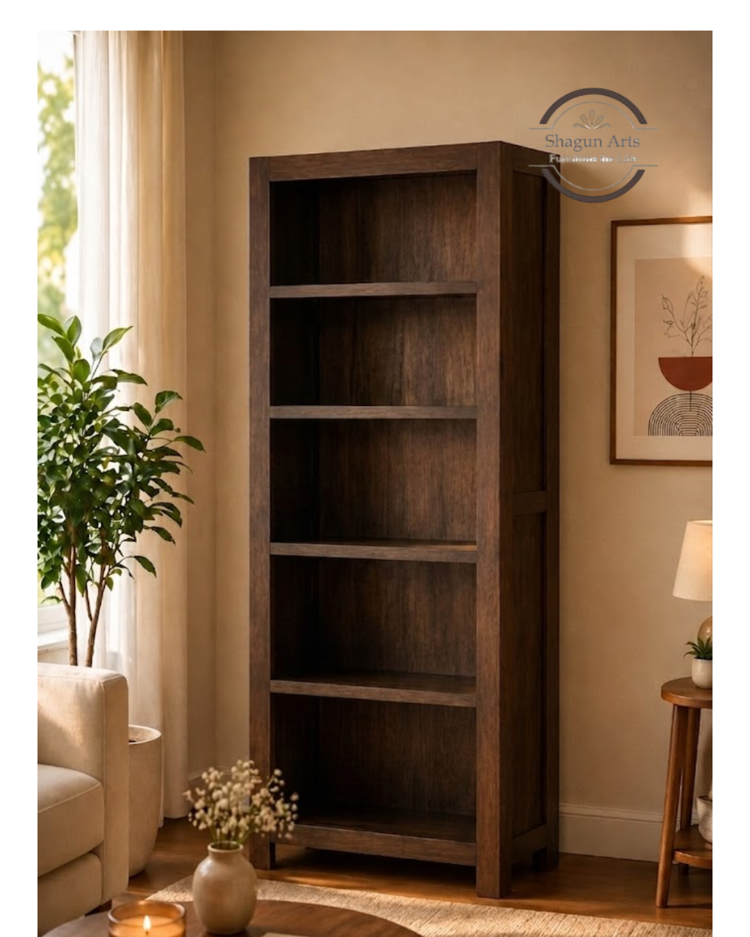 Emerson Solid Sheesham Wood 5-Tier Open Book Shelf In Honey Oak Finish
