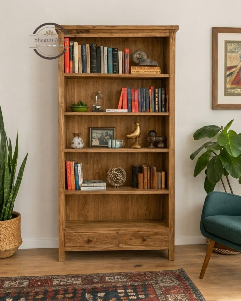 Avalon Solid Sheesham Wood Bookshelf In Natural Brown Finish