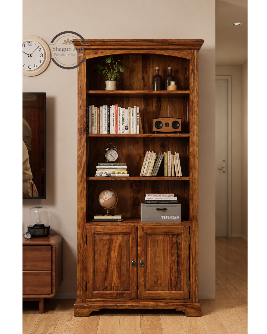 Essex Sheesham Wood Bookshelf with Cabinet Book Shelf