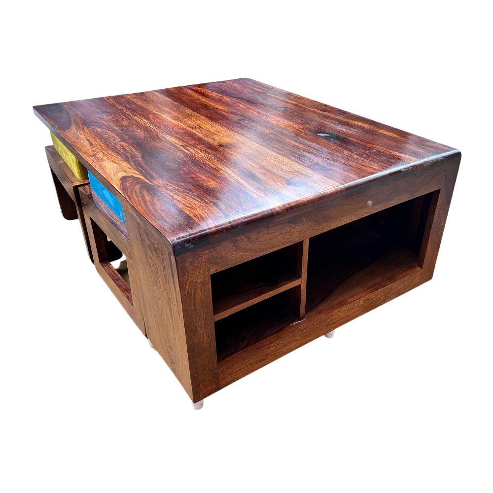 Thalia Solid Sheesham Wood Centre Coffee Table With 4 Stools