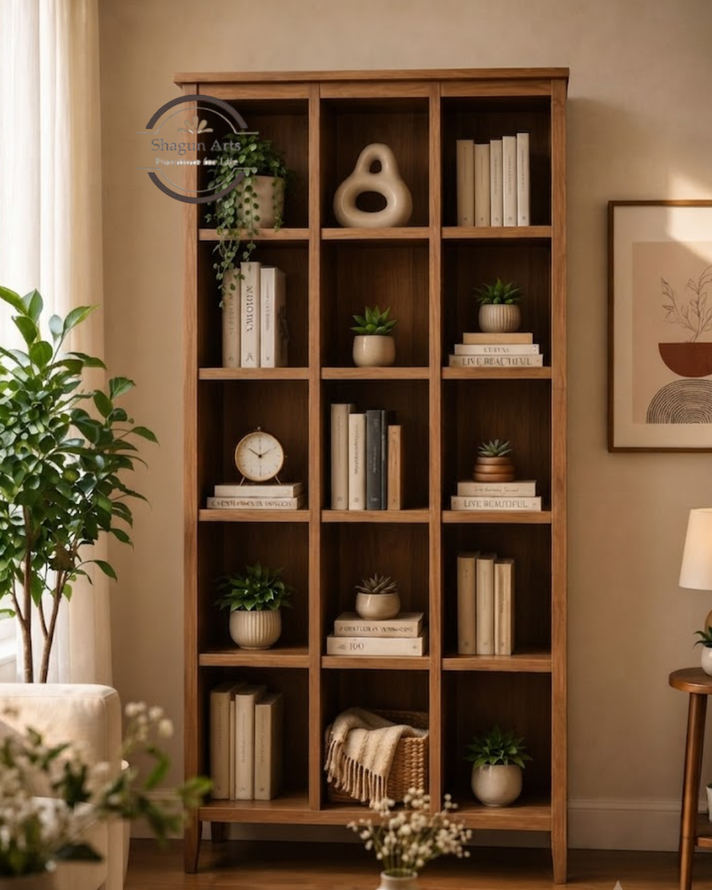 Abbey Solid Sheesham Wood 12-Compartment Open Bookshelf In Natural Brown Finish