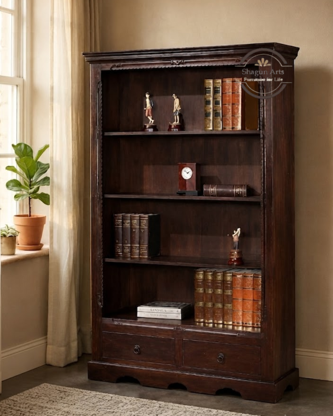 Bartolo Solid Sheesham Wood Bookshelf with two Drawer in Honey Oak Finish