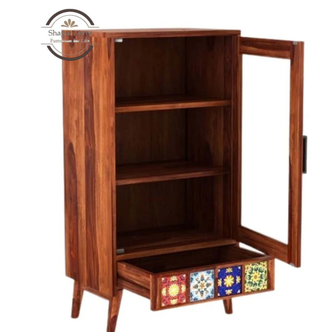 Ansel Solid Sheesham Wood Display Cabinet with Solidd Decorative Tile