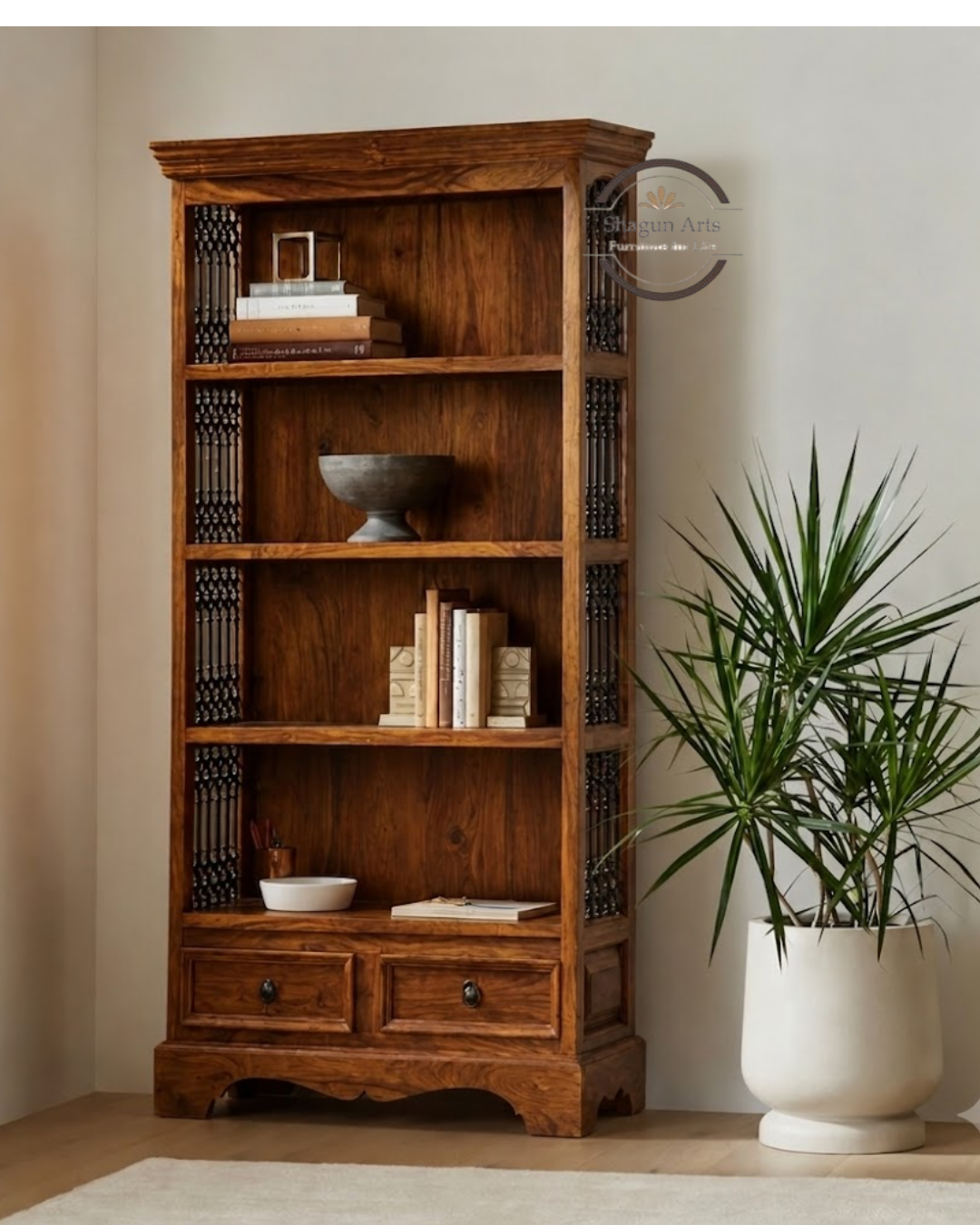 Abbey Solid Sheesham Wood 4-Shelf Bookshelf with Drawers
