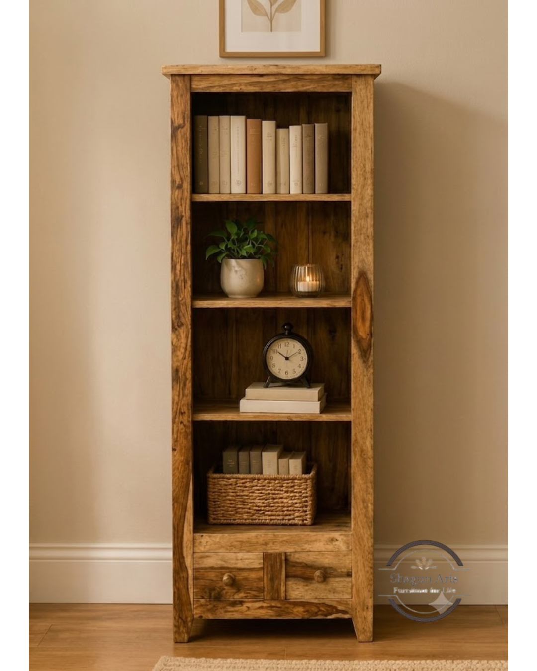 Oriel Solid Sheesham Wood 4-Shelf Bookshelf with Drawers In Natural Finish