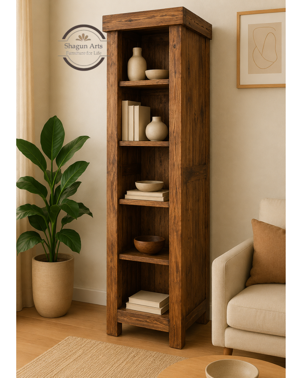 Stanfield Solid Sheesham Wooden 4-Tier Corner Book Shelf In Natural Brown Finish