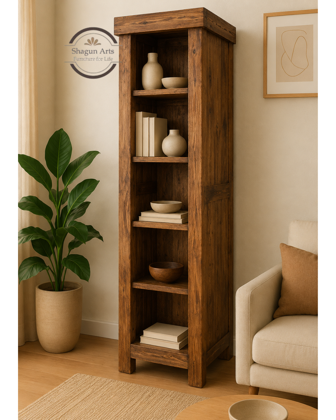 Stanfield Solid Sheesham Wooden 4-Tier Corner Book Shelf In Natural Brown Finish