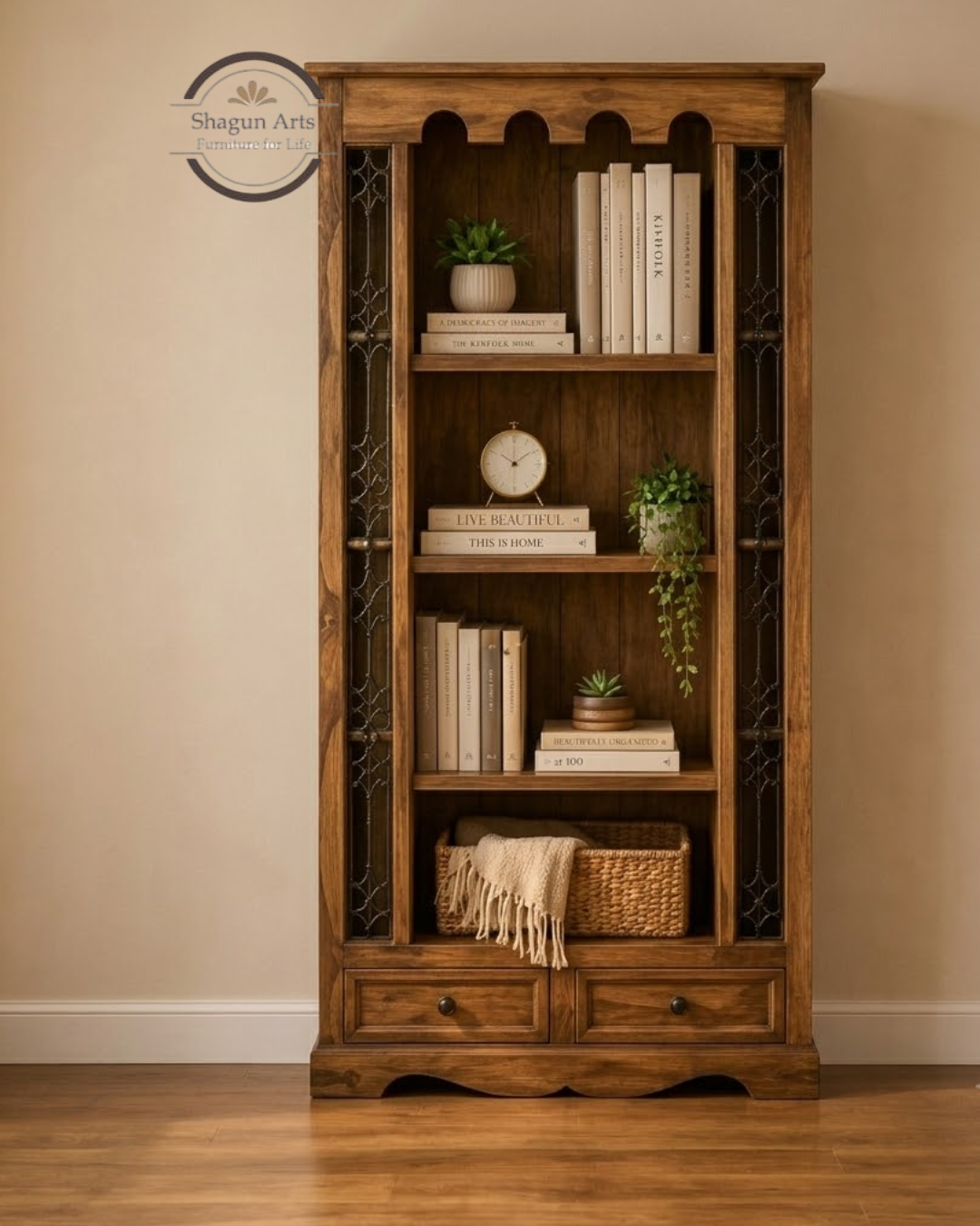 Malava Solid Sheesham Wood Bookshelf with 4 Open Shelves and 2 Drawers In Natural Brown Finish