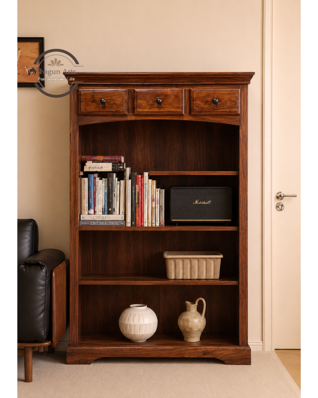 Gower Solid Sheesham Wood Bookshelf with 3 Drawers Book Shelf In Natural Brown Finish