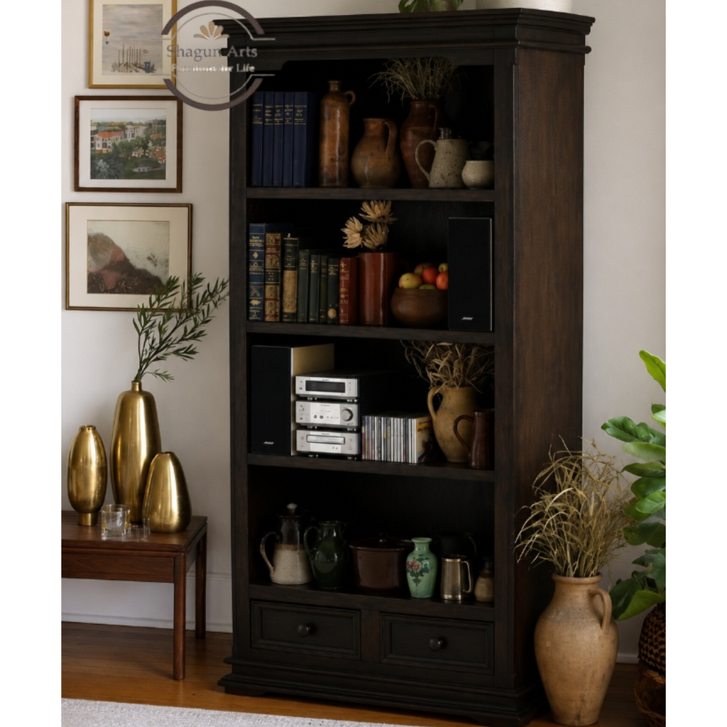 Coleman Solid Sheesham Wood Bookshelf with 4 Open Shelves and 2 Bottom Drawers In Honey Oak Finish