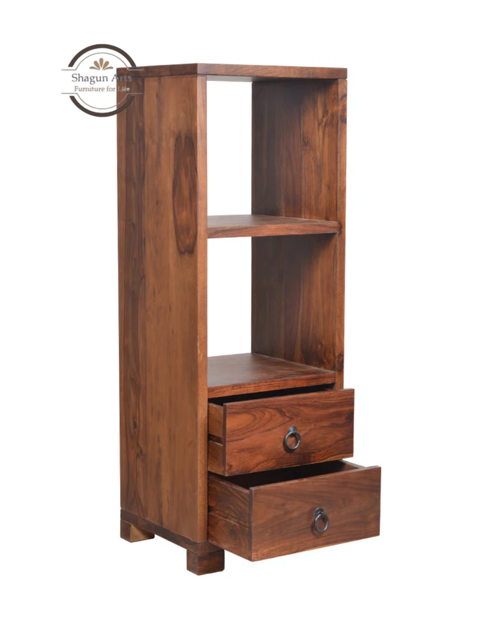 Megumi Solid Sheesham Wood Storage Cabinet with Open Shelves & 2 Drawers In Provencial Teak Finish
