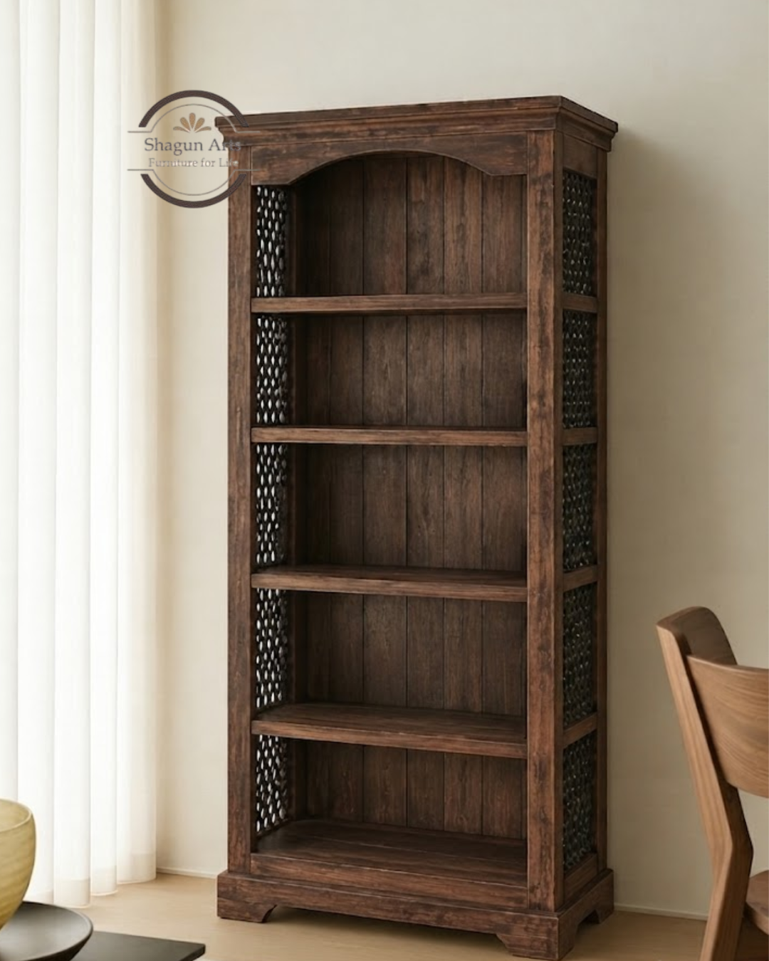 Stanfield Solid Sheesham Wood 5-Shelf Bookshelf with Decorative Sides In Honey Oak Finish