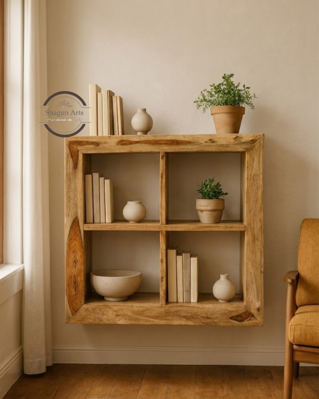Enkel Solid Sheesham Wood 4-Compartment Bookshelf In Natural Brown Finish