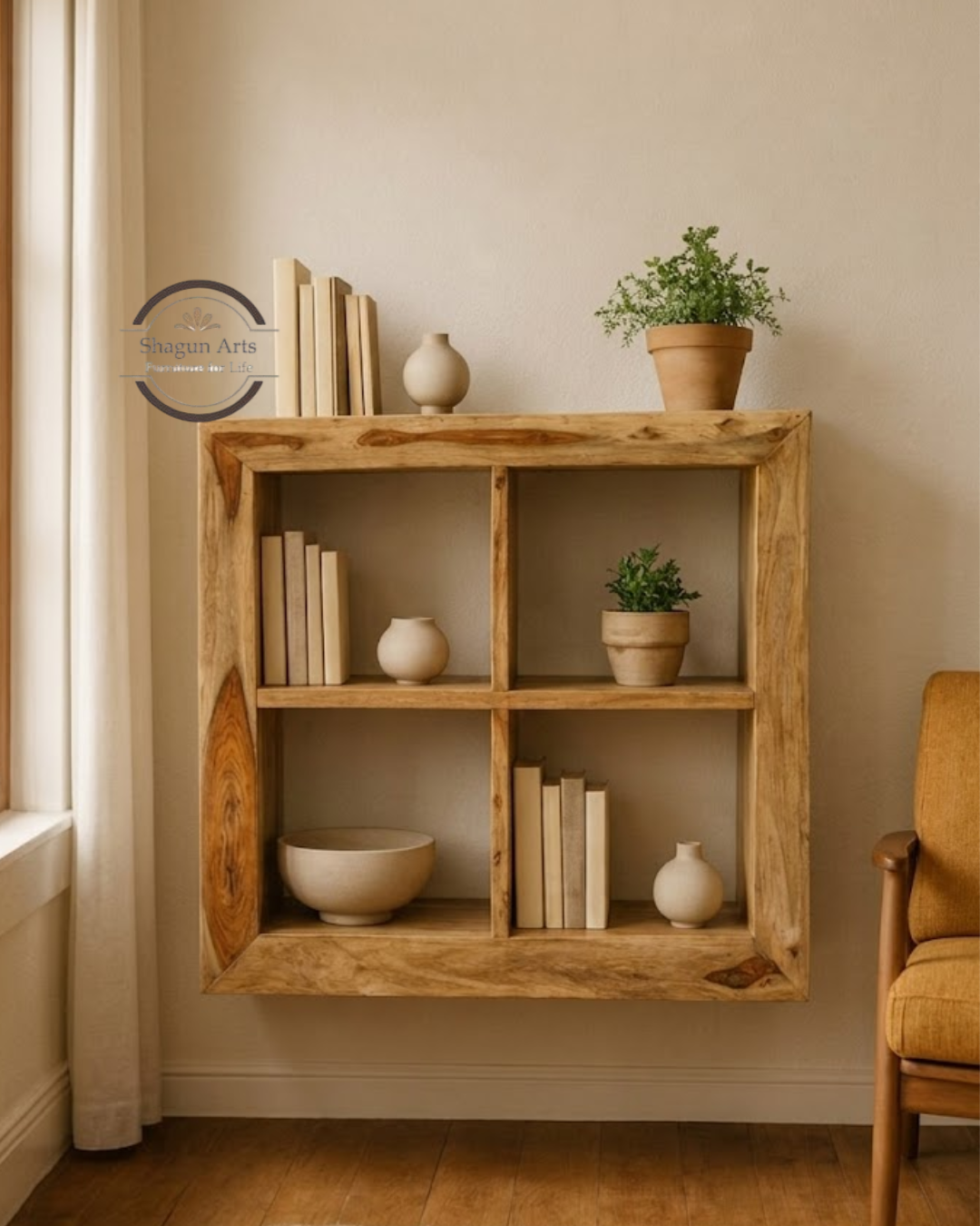 Enkel Solid Sheesham Wood 4-Compartment Bookshelf In Natural Brown Finish