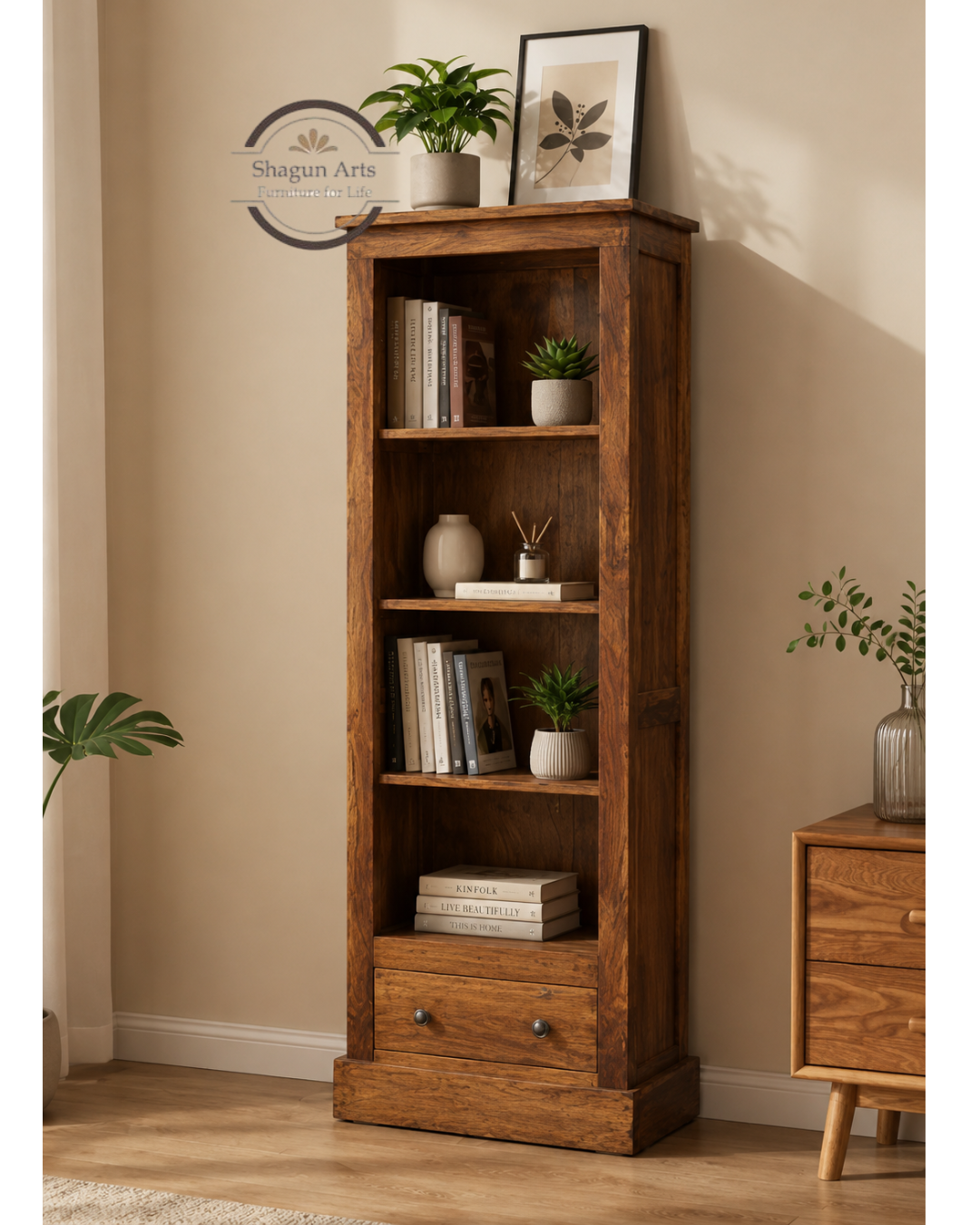 Segur Solid Sheesham Wood Bookshelf with Drawers In Natural Brown Finish