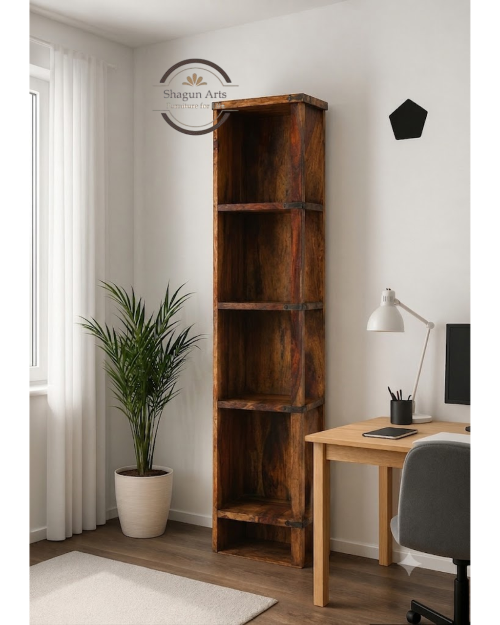 Bahama Solid Sheesham Display Wood 4-Shelf Corner Bookshelf In Honey Oak Finish
