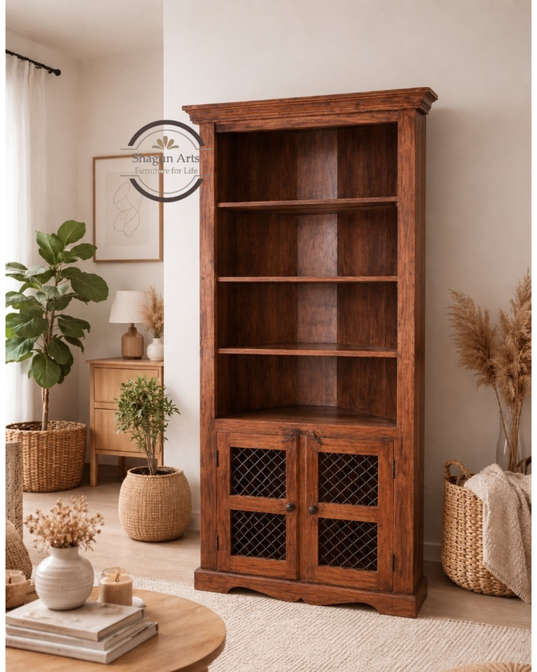 Essex Solid Sheesham Wood  Bookshelf with 2 Mesh-Door Cabinets In Honey Oak Finish
