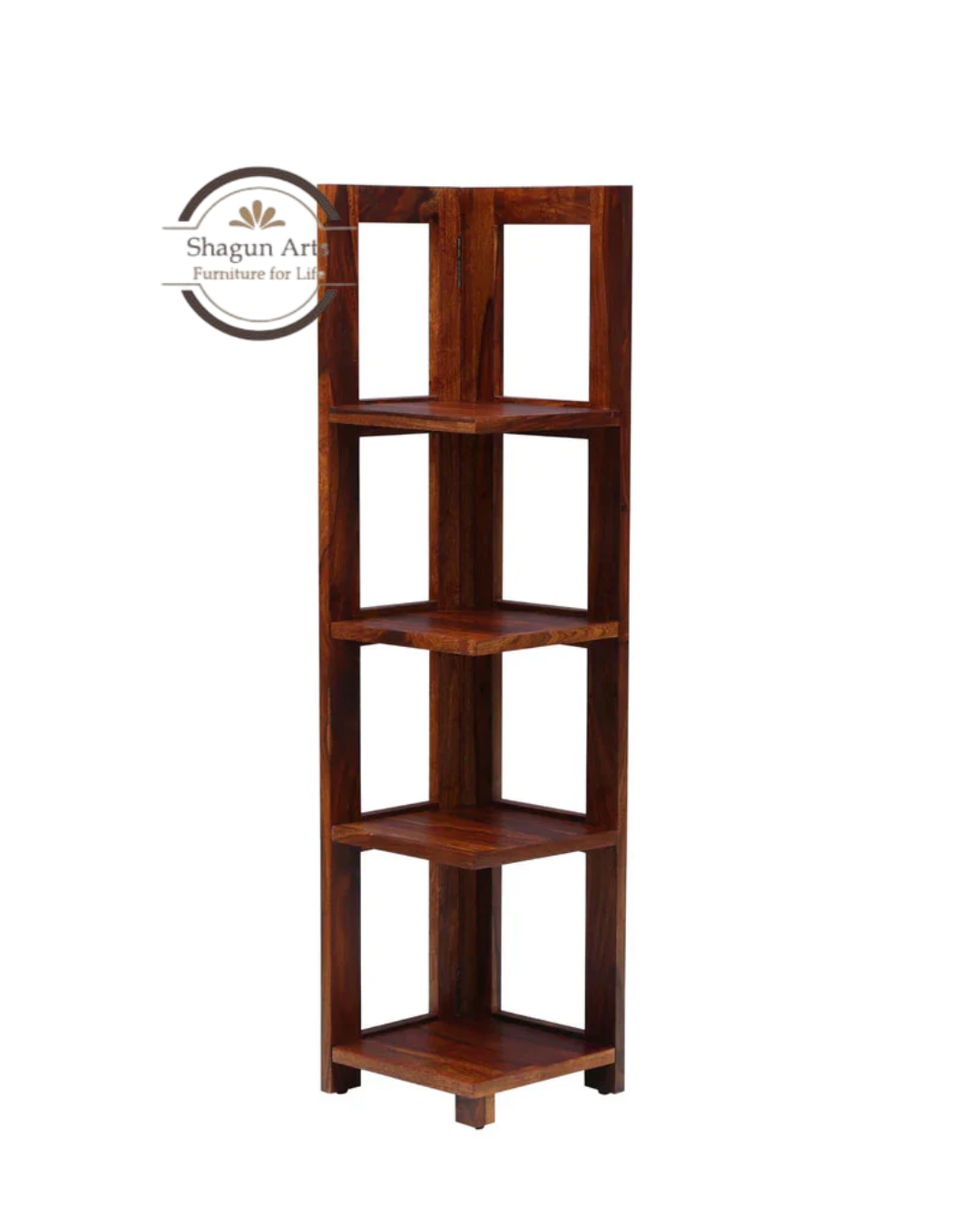 Severino Solid Sheesham Wood Corner Bookshelf in Honey Oak Finish