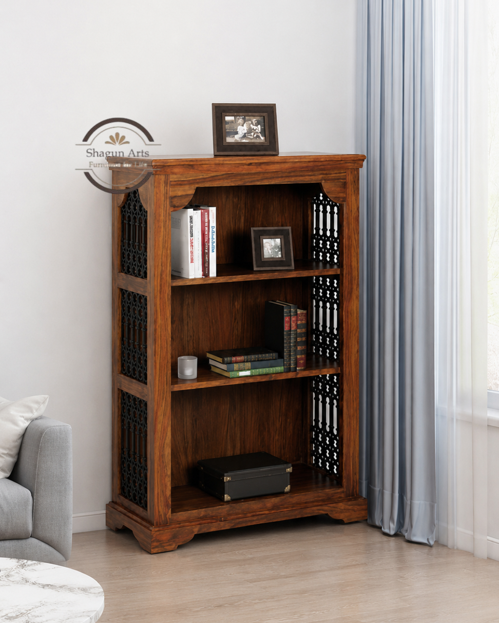 Stigen Solid Sheesham Wood Bookshelf with Decorative Jali Side Panels In Honey Oak Finish
