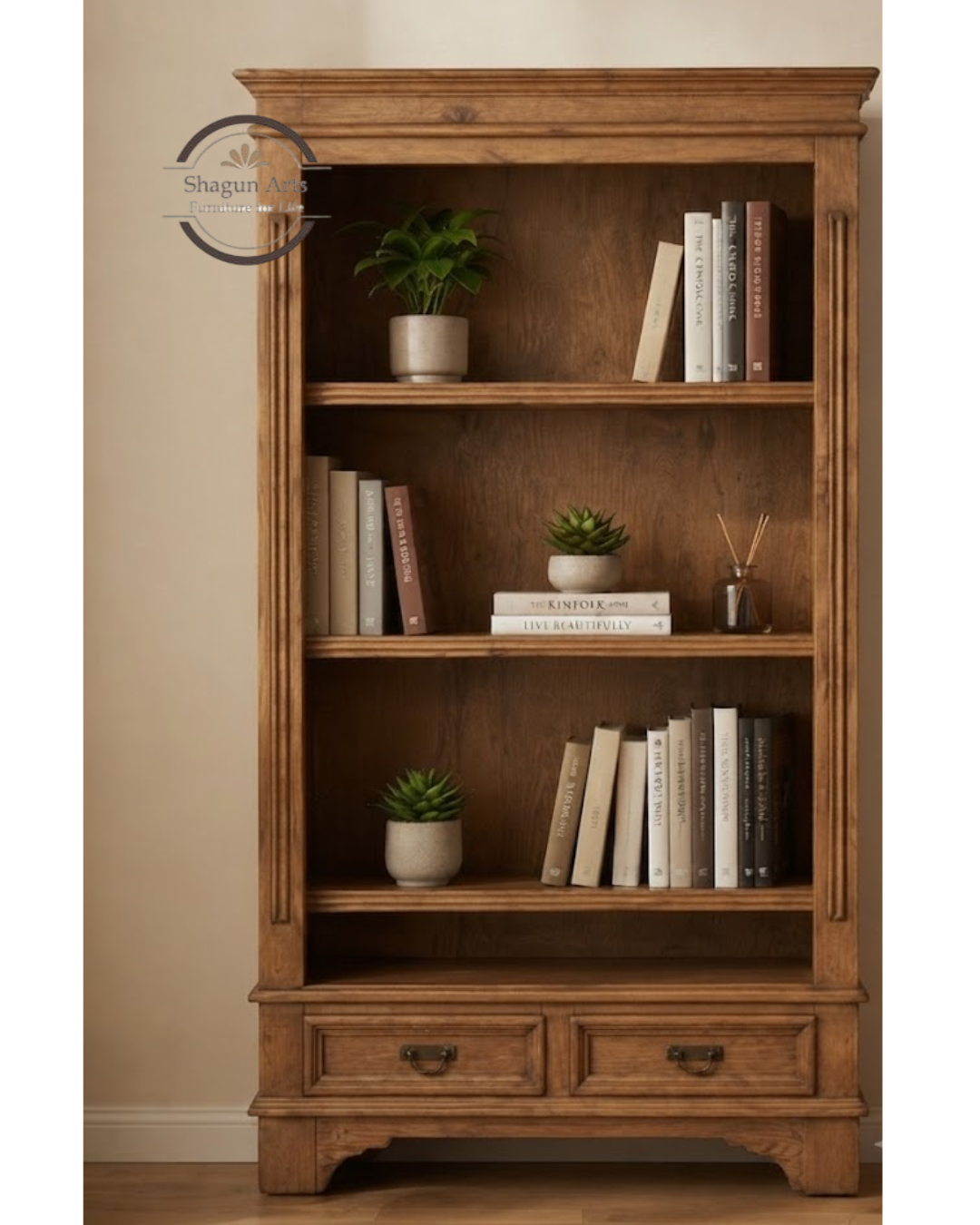 Hagborg Solid Sheesham Wood Book Shelf With 2 Drawers In Natural Brown Finish