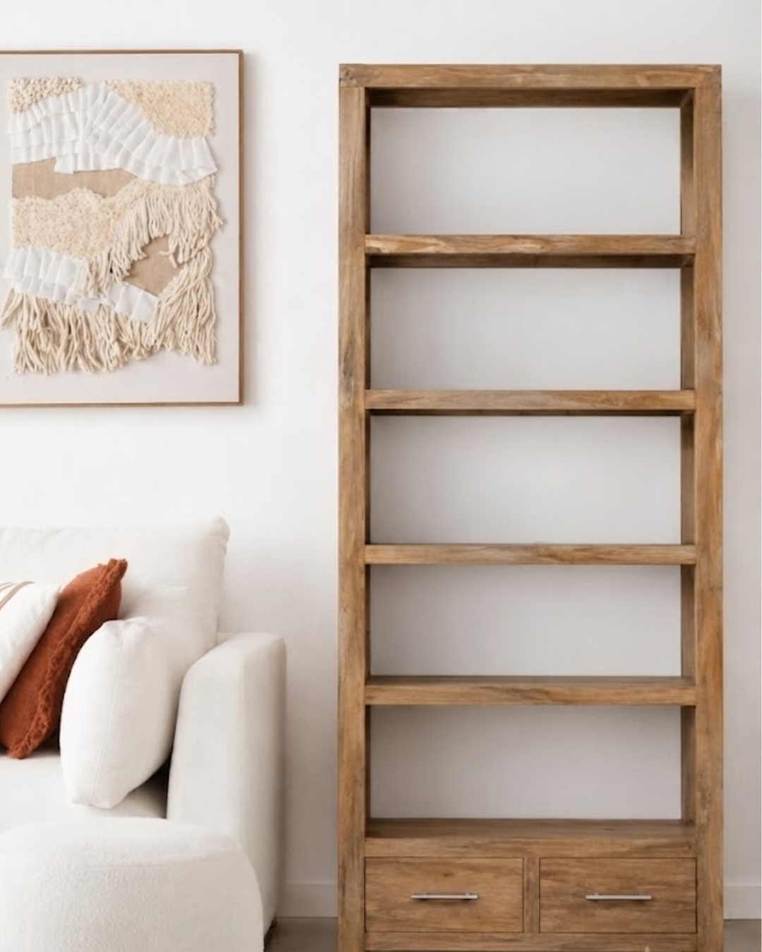 Eldrige Solid Wood 4-Tier Bookshelf with 2 Bottom Drawers In Natural Brown Finish