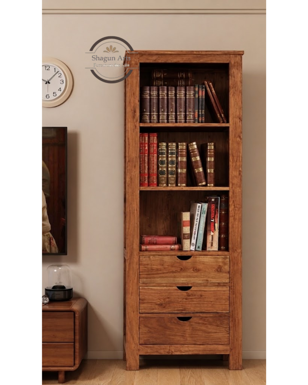 Hayao Solid Sheesham Wood Bookshelf with 3 Drawers