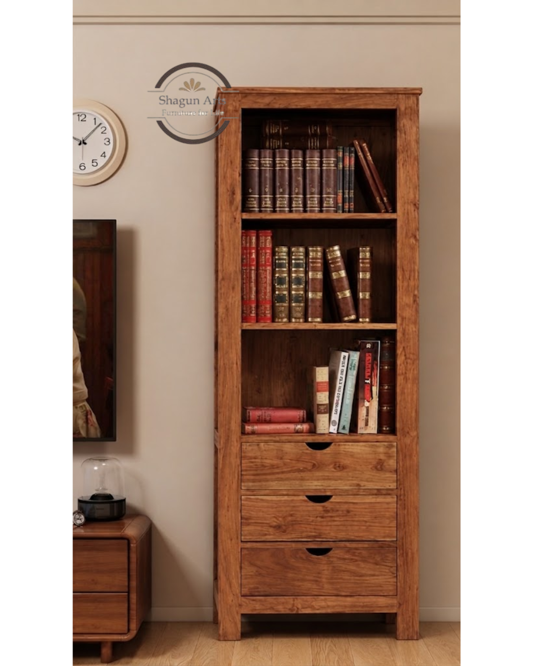 Hayao Solid Sheesham Wood Bookshelf with 3 Drawers
