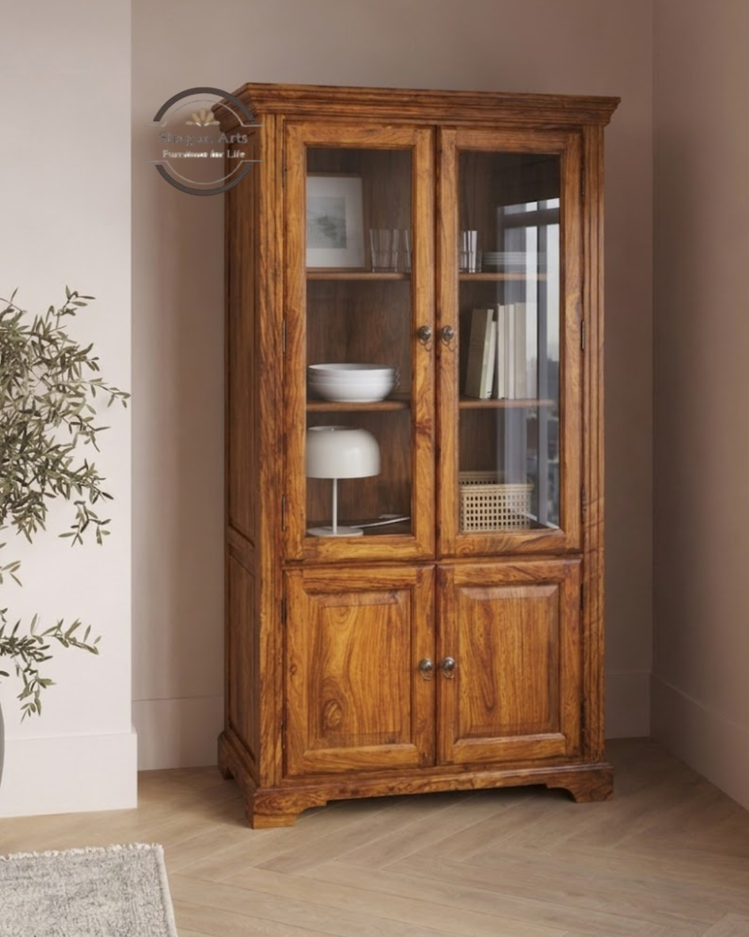 Morse Solid Sheesham Wood 2-Door Book Case in Provincial Teak Finish