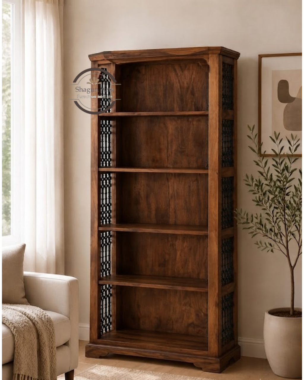 Alvin Solid Sheesham 5-Shelf Bookshelf with Decorative Side Panels In Honey Oak Finish