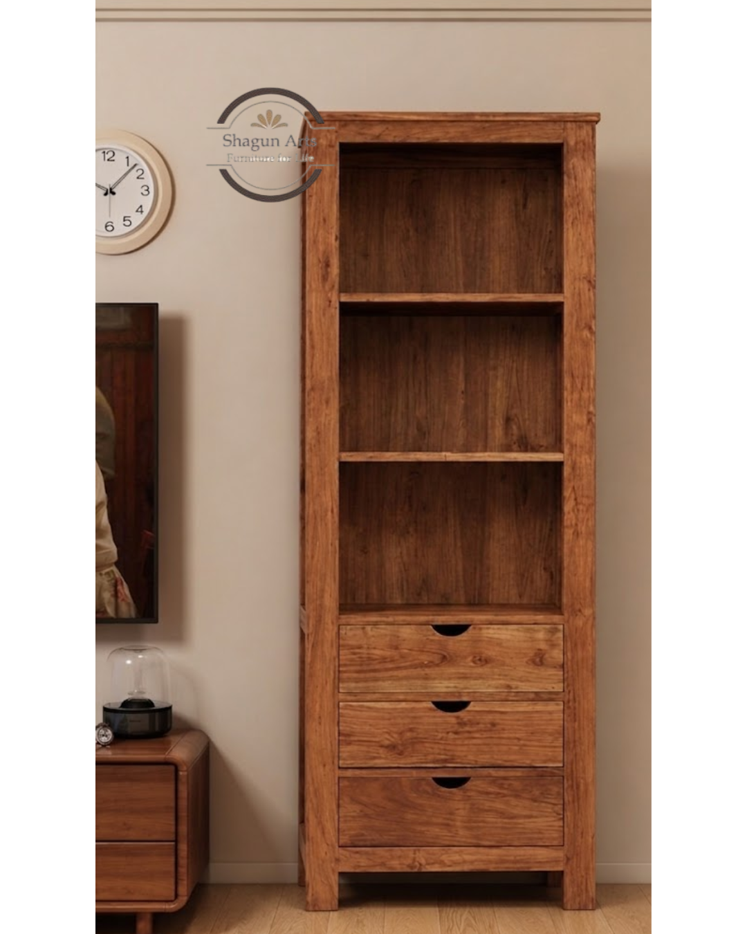 Hayao Solid Sheesham Wood Bookshelf with 3 Drawers