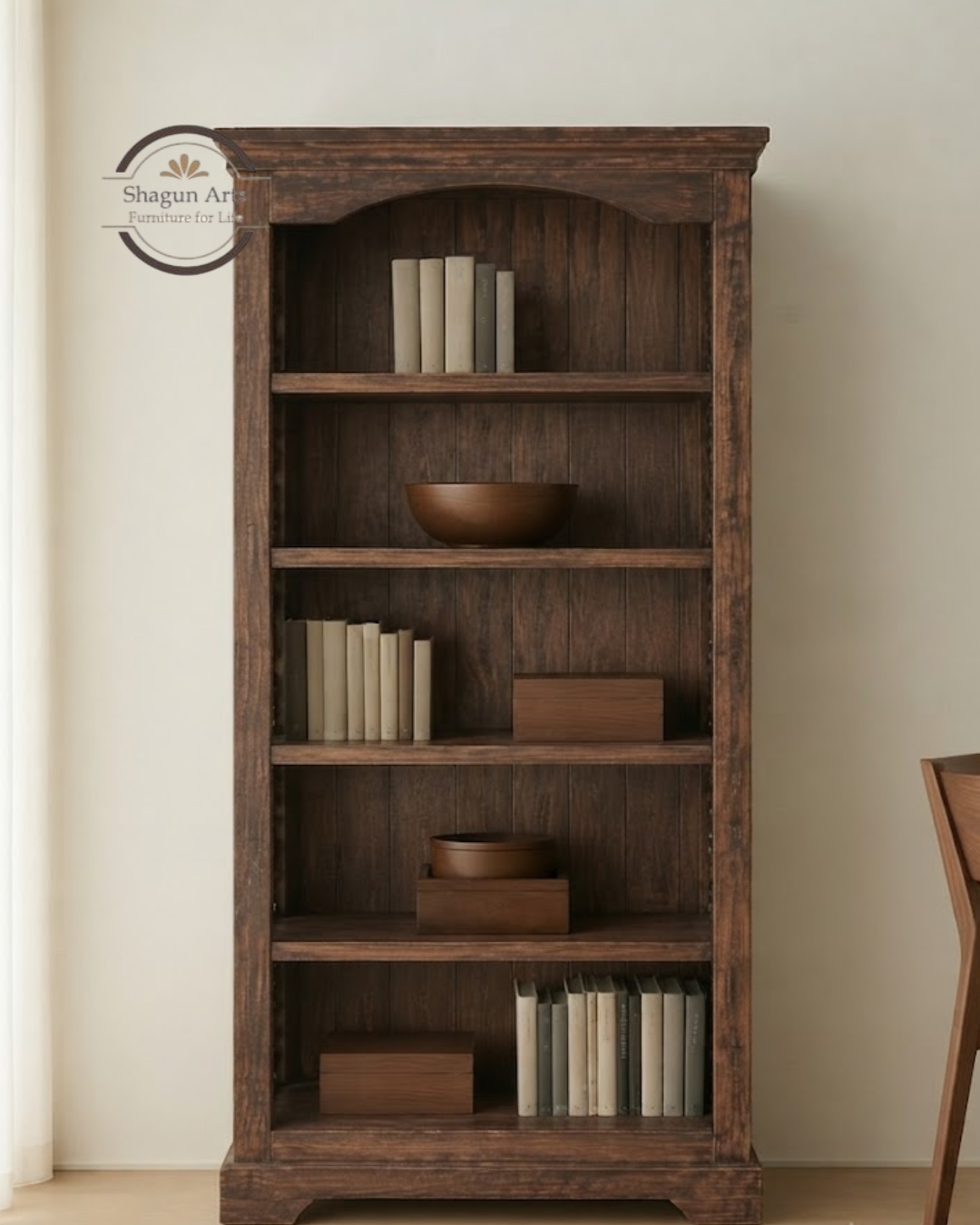 Stanfield Solid Sheesham Wood 5-Shelf Bookshelf with Decorative Sides In Honey Oak Finish