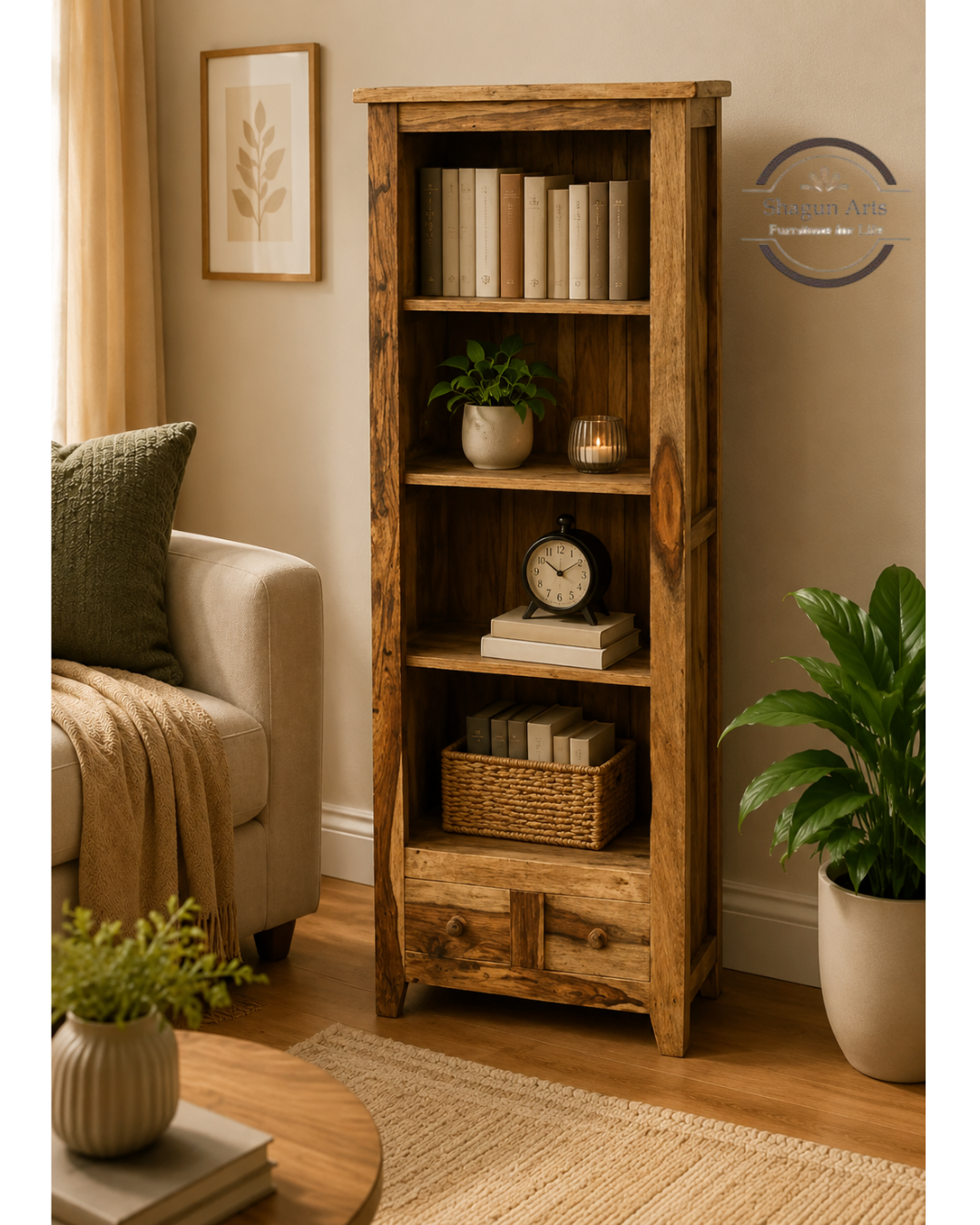 Oriel Solid Sheesham Wood 4-Shelf Bookshelf with Drawers In Natural Finish