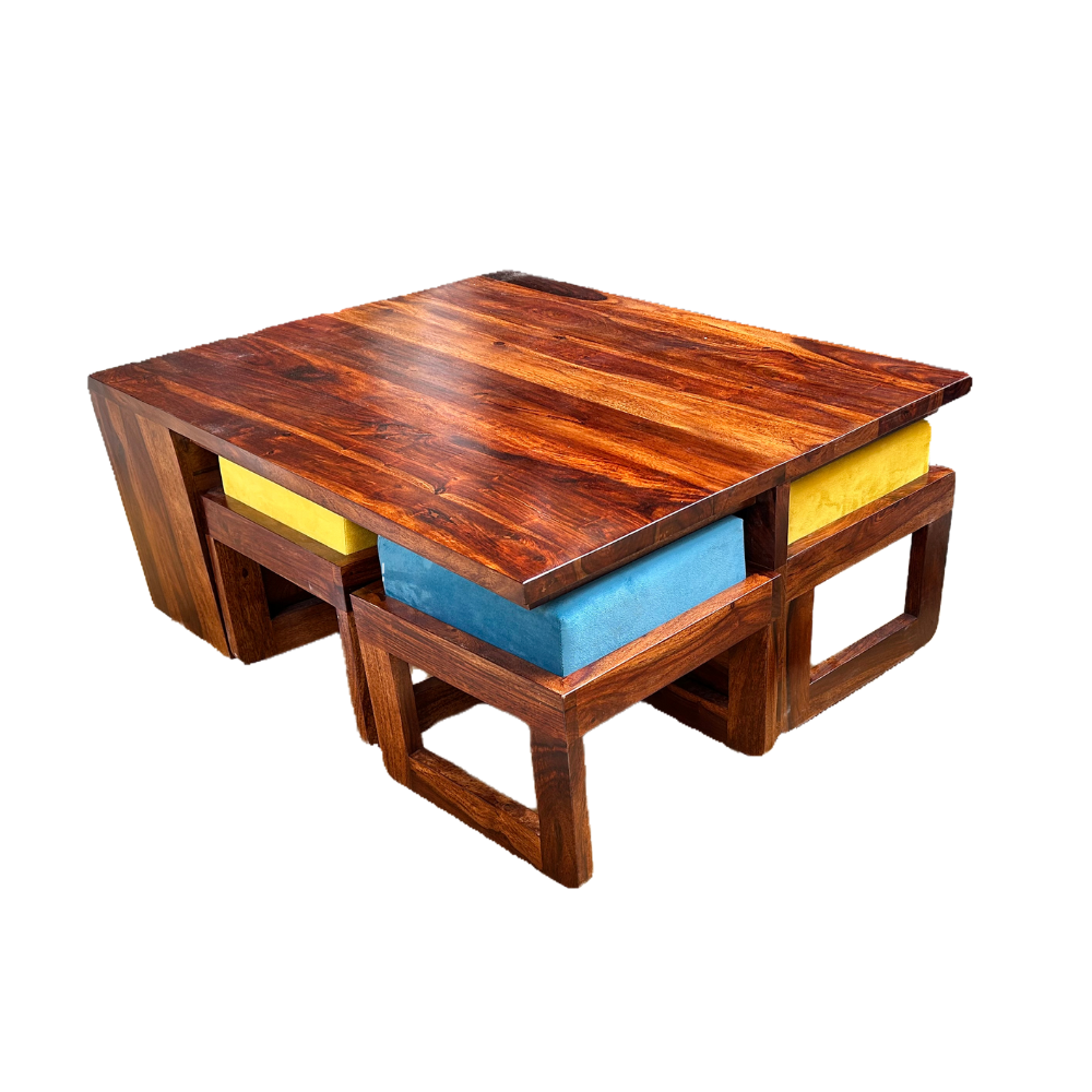 Thalia Solid Sheesham Wood Centre Coffee Table With 4 Stools