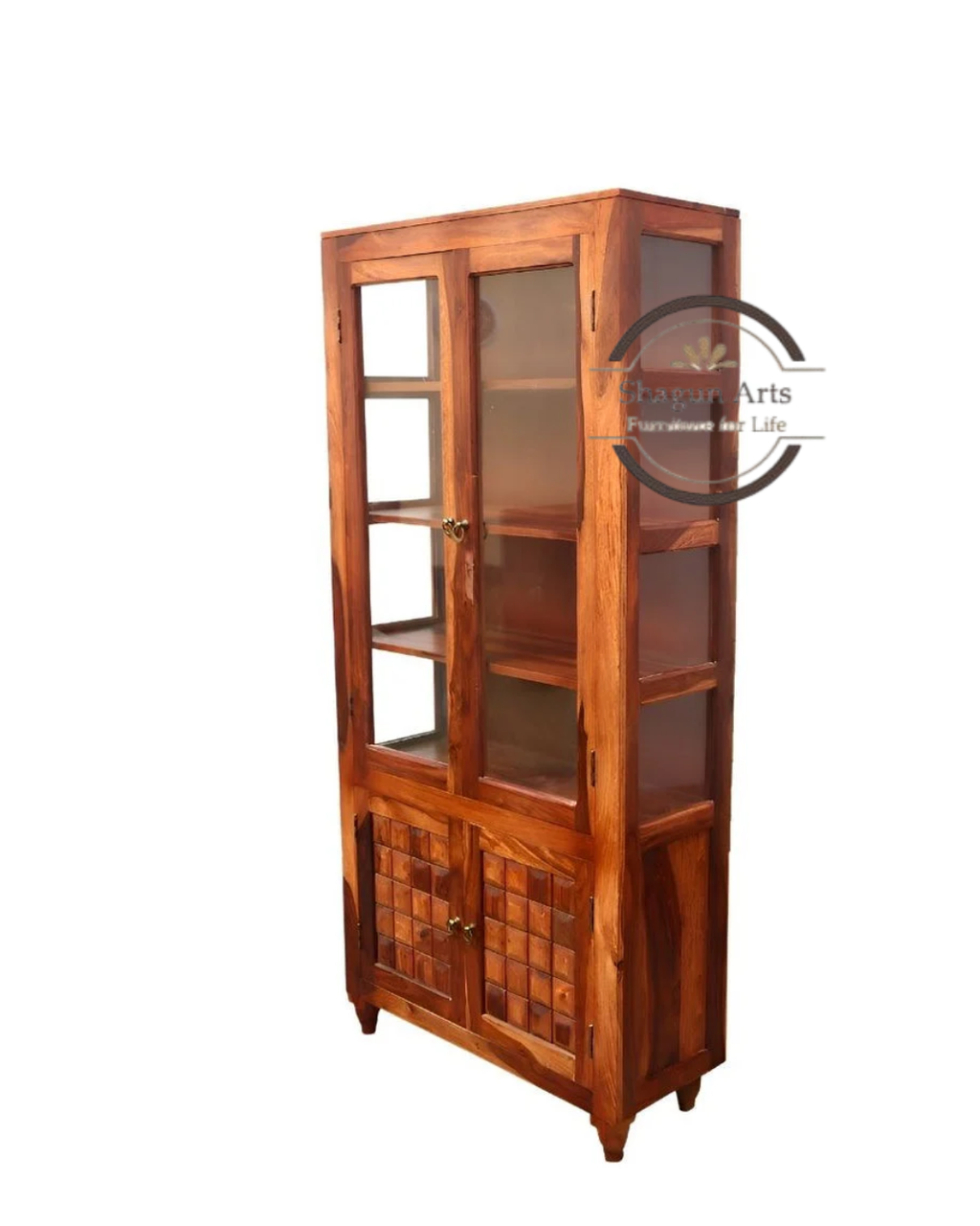 Nyla Solid Sheesham Wood Glass Door Display Cabinet with Storage